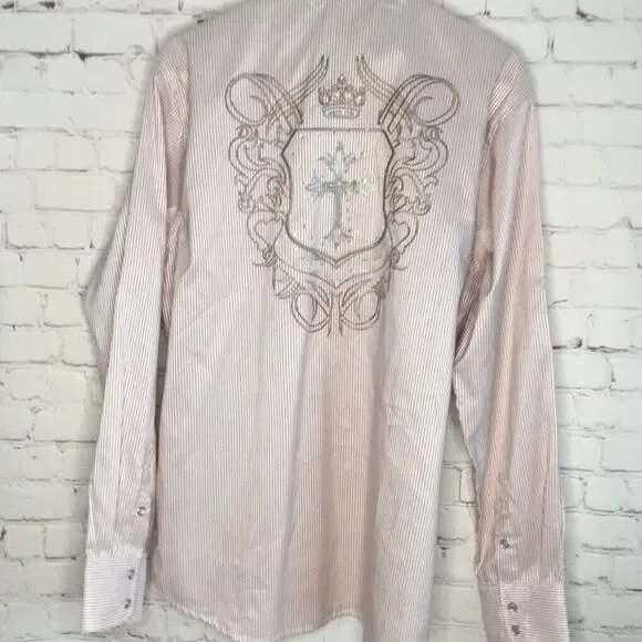 Platini Jeans Cougar Mens Stripe Western Cross Embellished Long Sleeve Shirt L - Picture 8 of 12